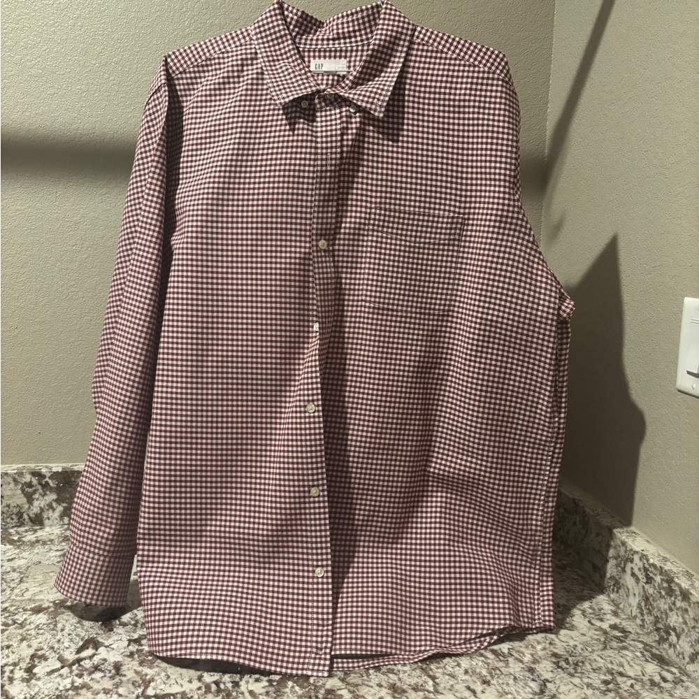 GAP Men's Burgundy and White Checkered Shirt